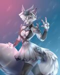  2020 4:5 5_fingers absurd_res akira_volfsar anthro breasts canid canine canis clothed clothing digital_media_(artwork) dress female fingers fur grey_body grey_fur grey_hair hair hi_res io_(paladins) mammal purple_eyes purple_nose smile solo wolf 