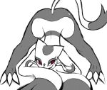  2021 3_toes anthro ass_up butt claws digital_media_(artwork) feet female hand_on_face hi_res icykatsura jack-o&#039;_pose looking_aside mienshao monochrome nintendo pok&eacute;mon pok&eacute;mon_(species) pose red_eyes solo toes video_games whiskers 