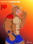  anthro artietheartbull bottomwear bovid bovine bulge cattle clothed clothing fur genital_outline gesture horn invalid_tag looking_at_viewer male mammal muscular pants penis_outline pose shorts smile solo tattoo waving 