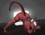  absurd_res ankle_tuft anthro arched_back ass_up black_stripes black_tipped_ears black_tongue blep breasts clawed_toes claws dragon female fur furred_dragon green_eyes green_sclera hair hi_res jack-o&#039;_pose leg_tuft long_ears mischa_(character) mischadot pose raised_tail red_body red_fur reptile scalie side_boob solo stripes tail_tuft tongue tongue_out tuft white_hair 