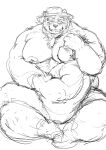  2021 anthro belly big_belly blush clothing duo eyewear glasses hat headgear headwear hi_res holding_partner human human_on_anthro interspecies kemono kotobuki larger_anthro male male/male mammal monochrome moobs nipples overweight overweight_male simple_background sitting size_difference sketch smaller_human straw_hat tokyo_afterschool_summoners ursid video_games volos white_background 