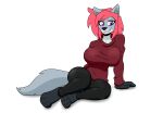  anthro big_breasts breasts canid canine canis clothing curvy_figure feet female fur grey_body grey_fur hair hi_res lemondude looking_at_viewer mammal multicolored_body multicolored_fur paws pink_hair purple_eyes serena_(lemondude) simple_background smile smiling_at_viewer solo sweater thick_thighs topwear wolf 