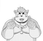  2021 anthro belly blush canid canine canis domestic_dog eyes_closed humanoid_hands kemono low_res male mammal monochrome moobs overweight overweight_male sakisukem simple_background solo tongue tongue_out white_background 