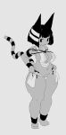  aliasing animal_crossing ankha_(animal_crossing) anthro big_breasts black_hair bottomwear breasts cleavage clothed clothing domestic_cat dot_eyes felid feline felis female full-length_portrait grey_background greyscale hair hand_on_hip hi_res jewelry krid loincloth mammal monochrome navel nintendo portrait short_hair simple_background skimpy slightly_chubby solo standing striped_tail stripes thong underwear video_games 