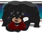  2021 anthro ass_up big_butt black_body black_fur bodily_fluids butt clothing dialogue english_text eyebrow_piercing facial_piercing fur hi_res huge_butt hyper hyper_butt jack-o&#039;_pose looking_at_viewer male mammal moobs motion_lines overweight overweight_anthro piercing pose satsui-n0-had0u short_tail simple_background solo speech_bubble sweat text thick_thighs topwear ursid wide_hips 
