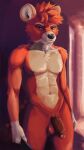  2021 abs aiofluff anthro athletic athletic_anthro athletic_male balls blue_eyes detailed_background flaccid foreskin fur genitals hair hi_res hyaenid looking_at_viewer male mammal navel nipples partially_retracted_foreskin pecs penis pubes red_body red_fur red_hair smile solo standing tan_body tan_fur teeth thick_penis uncut vein veiny_penis 
