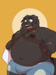  2021 3:4 absurd_res anthro belly black_body black_fur bottomwear bulge canid canine canis clothing domestic_dog fur green_eyes hi_res humanoid_hands kemono male mammal moobs navel nipples overweight overweight_male qqmelon888 shorts simple_background solo 