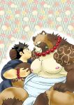  2021 anthro belly brown_body brown_fur bulge canid canine chubby_protagonist_(tas) clothing duo fur gyobu hi_res human human_on_anthro humanoid_hands interspecies kemono kusarikakemono leaf male male/male mammal moobs nipples overweight overweight_male protagonist_(tas) raccoon_dog scar sitting tanuki tokyo_afterschool_summoners underwear video_games 