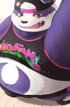  2021 alp_(tas) anhrmgzo anthro belly black_nose blush clothing fur giant_panda hat headgear headwear hi_res kemono male mammal overweight overweight_male purple_body purple_fur shirt solo tank_top text text_on_clothing text_on_shirt text_on_tank_top text_on_topwear tokyo_afterschool_summoners topwear ursid video_games white_body white_fur 