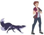  3_tails bag biped bottomwear camera canid canine clothing denim denim_clothing digital_drawing_(artwork) digital_media_(artwork) duo female feral footwear fox fur green_eyes human hunting jeans male mammal multi_tail narusewolf pants purple_body purple_eyes purple_fur shirt shoes sneaking stealth t-shirt topwear 