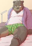  2021 5_fingers 5_toes anthro bed bedroom boxers_(clothing) brown_body brown_fur brown_nose bulge checkered_clothing clothed clothing eyebrows feet fingers fur furniture green_clothing green_underwear humanoid_hands kemono looking_at_viewer male mammal misterdonn open_clothing open_shirt open_topwear pattern_clothing pattern_underwear raised_eyebrow shirt sitting slightly_chubby smile solo toes topwear underwear ursid 