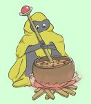  black_body black_eyes black_skin cauldron cloak clothing cooking dragon_quest fire food green_background hi_res kapohey kitchen_utensils ladle monster not_furry simple_background solo soup square_enix tools video_games vis_mager wand 