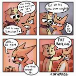  1:1 2021 absurd_res angry anthro biped blep blush brown_body brown_fur canid canine canis collar comic dialogue domestic_dog duo english_text fox fur hand_on_head hi_res humor mammal multicolored_body multicolored_fur orange_body orange_fur simple_background speech_bubble teeth text tongue tongue_out trashcamell two_tone_body two_tone_fur 