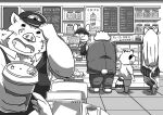  2021 anthro bottomwear canid canine clothing detailed_background felid feline gouryou group hat headgear headwear humanoid_hands inside kemono male mammal monochrome one_eye_closed overweight overweight_male pants raccoon_dog rvldlufsyyusigc shirt shorts suid suina sus_(pig) tanuki tokyo_afterschool_summoners topwear video_games wild_boar wink 