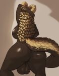  2021 anthro back_boob balls black_body black_skin breasts butt capcom digital_drawing_(artwork) digital_media_(artwork) dragon elder_dragon freckles genitals gold_scales gynomorph hi_res horn intersex jojobiz kulve_taroth monster_hunter pinup pose raised_tail rear_view saggy_balls scales scalie simple_background solo vanity_brazenveil video_games widescreen 