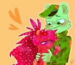  anthro camo camo_clothing camo_print carrion_(pixiv) clothing duo female flaky_(htf) flippy_(htf) fur green_body green_fur happy_tree_friends hug male mammal pattern_clothing porcupine red_body red_fur rodent smile 
