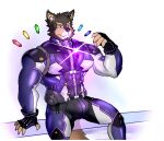  anthro bodysuit bulge canid canine canis clothing domestic_dog fur h._wolf hi_res lifewonders live-a-hero male mammal multicolored_body multicolored_fur muscular muscular_anthro muscular_male pubraseer sitting skinsuit solo superhero tight_clothing video_games zipper 
