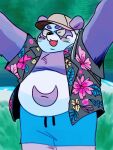  2021 3:4 alp_(tas) anthro belly blush bottomwear clothed clothing giant_panda hat headgear headwear hi_res kaspar1129 kemono male mammal navel open_clothing open_shirt open_topwear overweight overweight_male purple_body shirt shorts solo tokyo_afterschool_summoners topwear ursid video_games white_body 