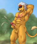  armpit_hair balls bancholeomon bandai_namco bodily_fluids body_hair cum digimon digimon_(species) erection genital_fluids genitals hi_res humanoid_genitalia humanoid_penis kraidhiel looking_pleasured male masturbation muscular nipples penile penile_masturbation penis scar solo 