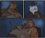  ! 2021 anthro belly bodily_fluids brown_body brown_fur clothing comic dippubear duo fur hi_res humanoid_hands hyaenid male mammal nipples overweight overweight_male shirt sitting sweat topwear 