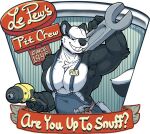  anthro black_nose body_hair breasts chest_hair clothing drill english_text flirting fur hair hair_over_eyes hammer looney_tunes male mammal mephitid muscular muscular_anthro muscular_male nargleflex overalls pecs pitu_le_pew simple_background skunk smile smiling_at_viewer teeth text tools warner_brothers white_body white_fur white_hair wrench 