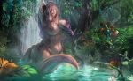  2021 amazing_background ambiguous_gender anthro background_character breasts cobra detailed_background dinosaur duo female holding_breast jadan jewelry jungle looking_at_viewer multicolored_body necklace necklace_only nipples non-mammal_breasts nude nude_female partially_submerged plant reptile scalie snake solo_focus tan_body teeth water waterfall waterfall_shower 