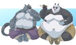  2021 absurd_res anthro belly big_belly black_body black_nose bottomwear captainjusticevirtsuoso clothing dreamworks duo felid food giant_panda hi_res kung_fu_panda male male/male mammal master_po_ping moobs navel nipples obese obese_male overweight overweight_male pantherine pants sitting snow_leopard tai_lung_(kung_fu_panda) ursid white_body 