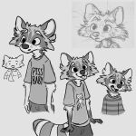  1:1 2021 anthro blep bottomwear clothed clothing fur hi_res jacato male mammal monochrome open_mouth procyonid raccoon shirt solo striped_tail stripes teeth text text_on_clothing text_on_shirt text_on_topwear tongue tongue_out topwear 
