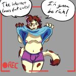  1:1 anthro briefs brown_hair clothed clothing clothing_lift domestic_cat dynamitegrizzly_(artist) english_text felid feline felis hair male mammal overweight presenting recording roger_mello_(dynamitegrizzly) shirt shirt_lift slightly_chubby solo text topwear turkish_van underwear 