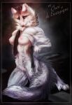  anthro belt biped breasts canid canine canis cheri clothed clothing female genitals heterochromia kneeling looking_at_viewer mammal mearu necktie nipples pinup pose pussy raised_clothing raised_shirt raised_topwear shirt solo topwear undressing wolf 