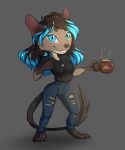  2019 5_fingers akira_volfsar anthro black_hair blue_eyes blue_highlights bottomwear breasts clothed clothing coffee_mug degu denim denim_clothing digital_media_(artwork) female fingers hair hi_res highlights_(coloring) holding_object jeans jewelry looking_at_viewer mammal necklace octodontid pants rodent simple_background smile solo torn_clothing 