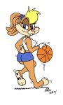  anthro barefoot basketball blonde_hair bottomwear bouncing_breasts breasts buckteeth butt clothing feet female hair hi_res lagomorph leporid lola_bunny looking_back looney_tunes mammal movement_lines ponytail ponytail_ears rabbit rear_view scrunchie shirt shorts solo space_jam space_jam:_a_new_legacy tank_top teeth topwear warner_brothers worldoffizz 