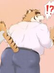  2021 anthro az_paipai belly bottomwear butt clothing disembodied_hand duo felid humanoid_hands kemono male mammal overweight overweight_male pantherine pants shirt simple_background solo_focus surprise tail_grab tiger topwear 