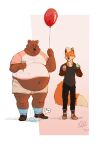  2021 absurd_res anthro balloon belly bottomwear brown_body brown_fur cajinanderson canid canine clothing dessert duo food fox fur hi_res humanoid_hands ice_cream inflatable male mammal overweight overweight_male pants shirt shorts topwear ursid 