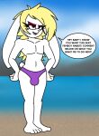  anthro beach blonde_hair broodal bulge clothing crossgender english_text ftm_crossgender fur girly hair hariet_(mario) lagomorph leporid male mammal mario_bros muscular muscular_male nintendo rabbit rennafestive seaside solo speedo super_mario_odyssey swimwear text video_games white_body white_fur 