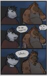  2021 anthro belly brown_body clothing comic dippubear duo english_text hi_res humanoid_hands hyaenid male mammal overweight overweight_male shirt sitting text topwear 