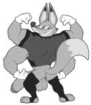  4_arms anthro balls ben_10 bottomless canid canine cartoon_network clothed clothing concupisco fangs flexing fox genitals gloves handwear hi_res humanoid_genitalia humanoid_penis hyper legwear male mammal monochrome multi_arm multi_limb multifur muscular muscular_anthro muscular_male penis shirt simple_background smile solo stirrup_legwear stockings thigh_highs toony topwear xingo 