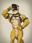  2021 abs absurd_res anthro armband balls barazoku biceps big_muscles big_penis bottomless bowser bracelet clothed clothing collar eyebrows eyewear facial_piercing flaccid genitals grey_background hair hand_on_hip harness hat headgear headwear hi_res holding_clothing holding_hat holding_headgear holding_headwear holding_object horn humanoid_genitalia humanoid_penis jewelry koopa leather leather_armband leather_bracelet leather_daddy leather_harness leather_hat looking_at_viewer male mario_bros mickey_the_retriever muscular muscular_anthro muscular_male navel nintendo nipples nose_piercing nose_ring obliques pecs penis piercing scalie simple_background smile smirk solo spiked_armband spiked_bracelet spiked_collar spikes standing sunglasses vein video_games 