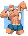  5_fingers absurd_res anthro arts_of_indiego bulge clothed clothing fingers hi_res jewelry male mammal muscular muscular_anthro muscular_male necklace nipples open_clothing open_topwear pecs simple_background smile solo swimming_trunks swimwear teeth topwear 