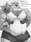  2021 absurd_res anthro belly blush bulge canid canine canis clothed clothing duo english_text erection erection_under_clothing hi_res hug hugging_from_behind male male/male mammal moob_grab moobs nipples overweight overweight_male text underwear vitashi wolf 