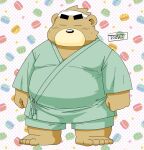  2021 anthro belly black_nose brown_body brown_fur eyes_closed fur jinbei_(clothing) kemono male mammal overweight overweight_male solo toshi_(artist) ursid 