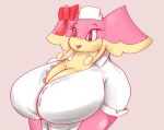  anthro audino big_breasts breasts cleavage clothed clothing female goopyarts huge_breasts multicolored_body nintendo nurse pink_background pink_body pok&eacute;mon pok&eacute;mon_(species) raina_(goopyarts) simple_background solo two_tone_body video_games yellow_body 
