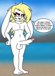  anthro balls beach big_balls big_penis blonde_hair broodal crossgender english_text erection ftm_crossgender fur genitals girly hair hariet_(mario) lagomorph leporid male mammal mario_bros muscular muscular_male nintendo penis rabbit rennafestive seaside solo super_mario_odyssey text video_games white_body white_fur 