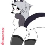  1:1 2021 absurd_res anthro anus breasts canid clothing collar female genitals grey_hair hair helluva_boss hi_res legwear looking_at_viewer loona_(vivzmind) mammal nipples pussy red_sclera shnuzzlez simple_background smile solo stockings white_background 