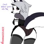  1:1 2021 absurd_res anthro breasts butt canid clothing collar dialogue english_text female grey_hair hair helluva_boss hi_res legwear looking_at_viewer loona_(vivzmind) maid_uniform mammal red_sclera shnuzzlez simple_background smile solo stockings text underwear uniform white_background 
