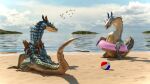  16:9 2021 3d_(artwork) 4k absurd_res ambiguous_gender ball beach beach_ball blender_(software) blue_body capcom claws cloud day detailed_background digital_media_(artwork) duo eye_contact feral hi_res horn inflatable inner_tube ivory_lagiacrus ivorylagiacrus lagiacrus leviathan_(mh) looking_at_another monster_hunter open_mouth outside pool_toy sand scales scalie seaside sharp_claws sky teeth video_games water white_body white_scales widescreen 