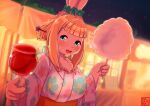  2019 4_fingers 848siba absurd_res anthro asian_clothing blue_eyes blurred_background blush breasts chest_tuft clothing digital_media_(artwork) dutch_angle east_asian_clothing female fingers food food_on_face hi_res holding_food holding_object lagomorph leporid looking_up mammal night open_mouth outside rabbit shaded smile solo tuft 