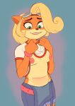  absurd_res activision anthro bandicoot blonde_hair breasts clothed clothing coco_bandicoot crash_bandicoot_(series) female fur green_eyes hair hi_res klotzilla long_hair mammal marsupial nipples pouch_(anatomy) raised_clothing raised_shirt raised_topwear shadowpelt shirt simple_background solo topwear video_games 