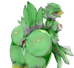  anthro avian bent_over big_butt bird blush bodily_fluids breasts butt censored cottontail feathers female genital_fluids genitals green_body green_feathers hi_res pussy pussy_juice solo thick_thighs 