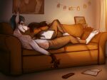  2021 4:3 ambiguous_gender anthro barefoot bottomwear clothed clothing creating_art curtains cynicalstarr detailed_background digital_media_(artwork) domestic_cat duo feet felid feline felis feral furniture hi_res inside light lighting mammal pants reclining shaded signature sofa topless 